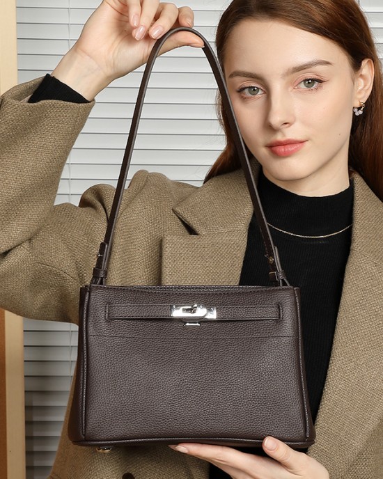 Genuine leather women's bag, top-grain cowhide lock buckle, fashionable, simple, commuter, underarm Small square crossbody bag, Kelly bag