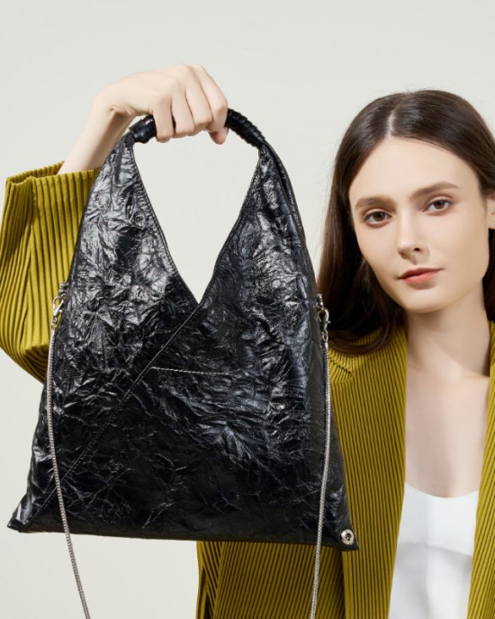 French loose-fitting triangle pleated tote bag, lightweight, large-capacity women's bag, top-grain cowhide shoulder and underarm bag