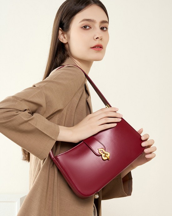 New genuine leather women's bag, niche bridal bag, youthful red, high-quality underarm bag, daily shoulder bag