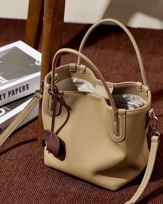 2025 summer new stylish genuine leather bucket bag, niche top-grain cowhide retro shoulder and crossbody handbag