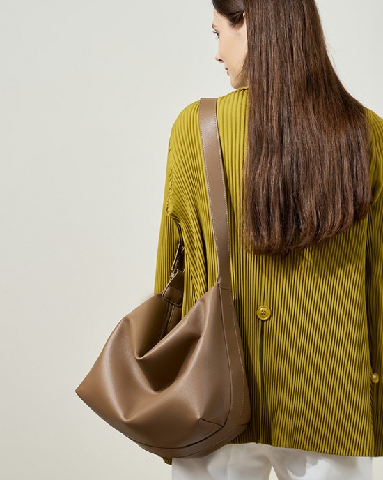 Top-grain cowhide women's single shoulder bag, simple and fashionable, classic shell bag with 2 shoulder straps, large capacity, soft leather