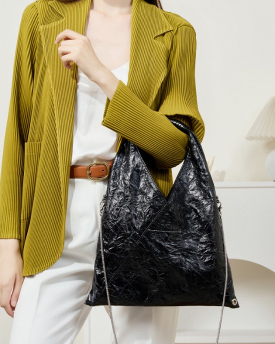 French loose-fitting triangle pleated tote bag, lightweight, large-capacity women's bag, top-grain cowhide shoulder and underarm bag