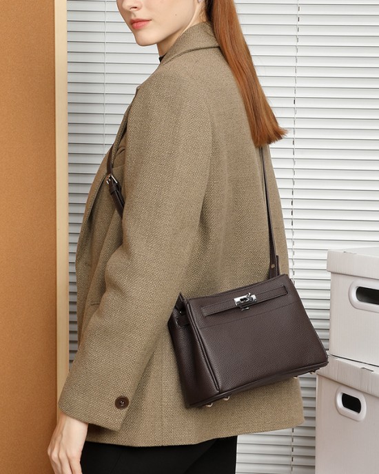 Genuine leather women's bag, top-grain cowhide lock buckle, fashionable, simple, commuter, underarm Small square crossbody bag, Kelly bag