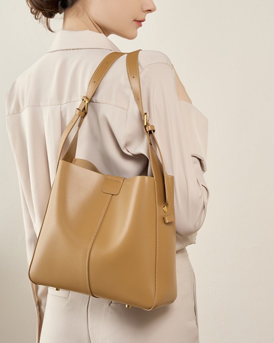 Genuine leather women's bag, 2025 new spring bucket bag, soft leather shoulder crossbody tote, large capacity commuter handbag