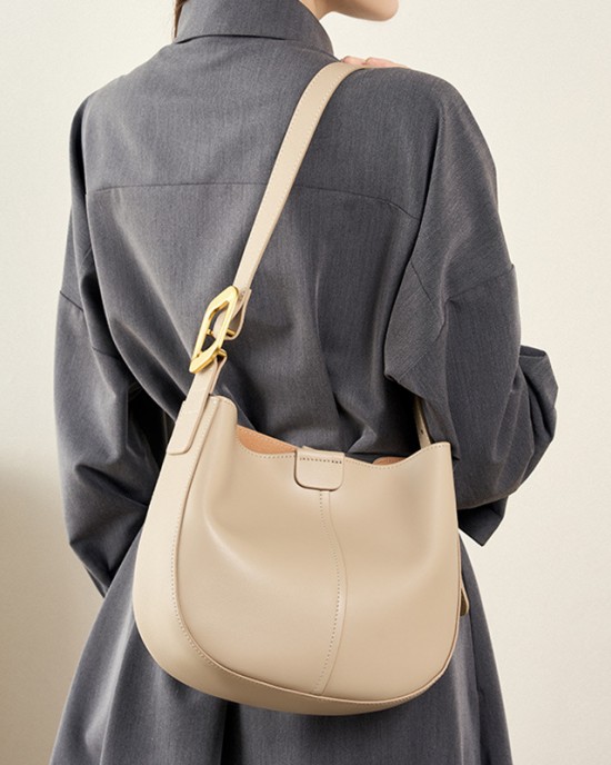 2025 new style genuine leather women's bag, simple cowhide large-capacity cylindrical shoulder bag, solid color, niche casual tote bag