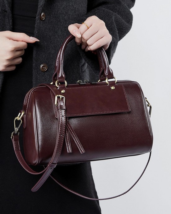 New Winter Genuine Leather Boston Pillow Bag, Fashionable and Casual Handbag, Cowhide Shoulder Bag for Women