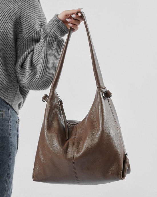 Genuine leather large-capacity stylish new Korean-style trendy solid color casual commuter shoulder tote bag
