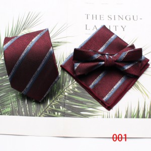Burgundy retro men's tie, bow tie, and square handkerchief three-piece set, business and fashionable wedding groomsmen's tie set