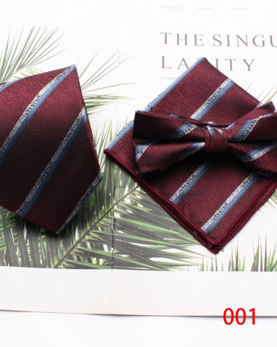 Burgundy retro men's tie, bow tie, and square handkerchief three-piece set, business and fashionable wedding groomsmen's tie set