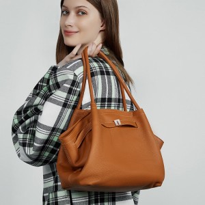 Large, stylish and simple top-grain cowhide handbag, pleated basket bag, elegant genuine leather shoulder and crossbody bag