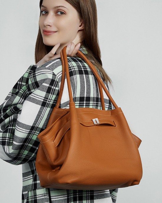 Large, stylish and simple top-grain cowhide handbag, pleated basket bag, elegant genuine leather shoulder and crossbody bag