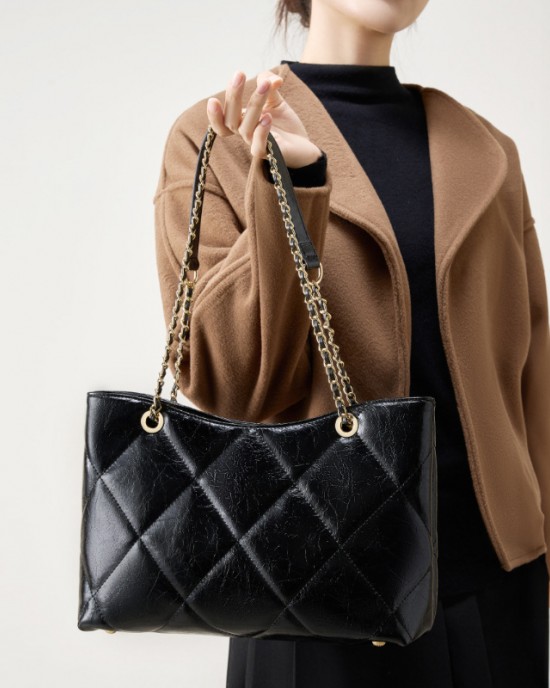 Spring/Summer Genuine Leather Diamond-Patterned Large Bag, 2025 New Fashionable Large Capacity Women's Chain, Versatile Shoulder/Crossbody Bag for Influencers