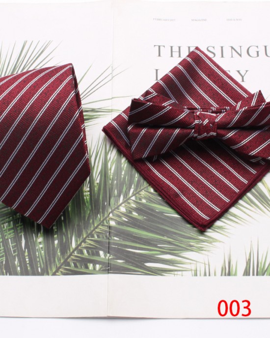 Burgundy retro men's tie, bow tie, and square handkerchief three-piece set, business and fashionable wedding groomsmen's tie set