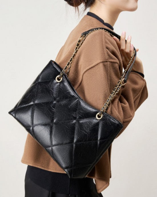 Spring/Summer Genuine Leather Diamond-Patterned Large Bag, 2025 New Fashionable Large Capacity Women's Chain, Versatile Shoulder/Crossbody Bag for Influencers