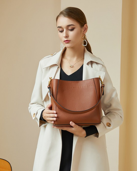 2025 spring/summer new top-grain cowhide retro genuine leather women's bag, large-capacity bucket bag, versatile shoulder/crossbody bag