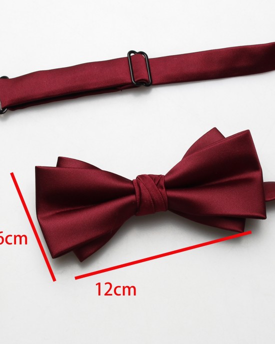 Solid-color men's polyester bow ties in stock, including multi-colored wedding groom and groomsmen bow ties and tie ties.