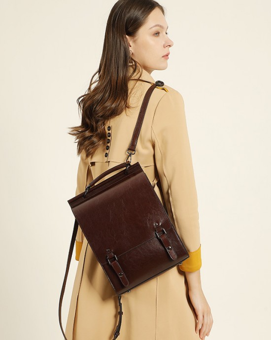 2025 new genuine leather women's backpack, British preppy-style schoolbag, retro computer backpack for college students, simple cowhide backpack