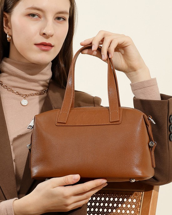 Cross-border genuine leather women's handbag, retro and elegant Boston bag, vegetable tanned cowhide shoulder bag, women's crossbody bag