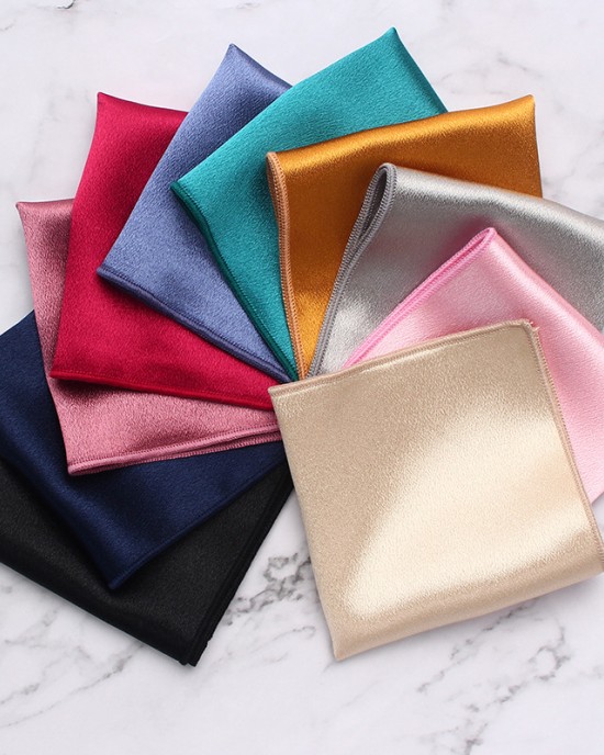 Solid British-style polyester glossy pocket square for men's suits, banquets, weddings, and formal dresses, chest scarfs and handkerchiefs.