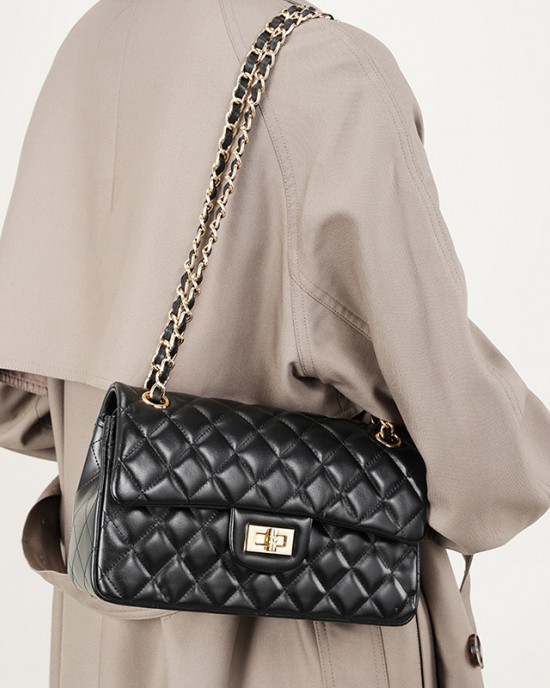Top-grain cowhide bag, cowhide chain, Chanel-style fashionable diamond-patterned shoulder bag, small square genuine leather bag