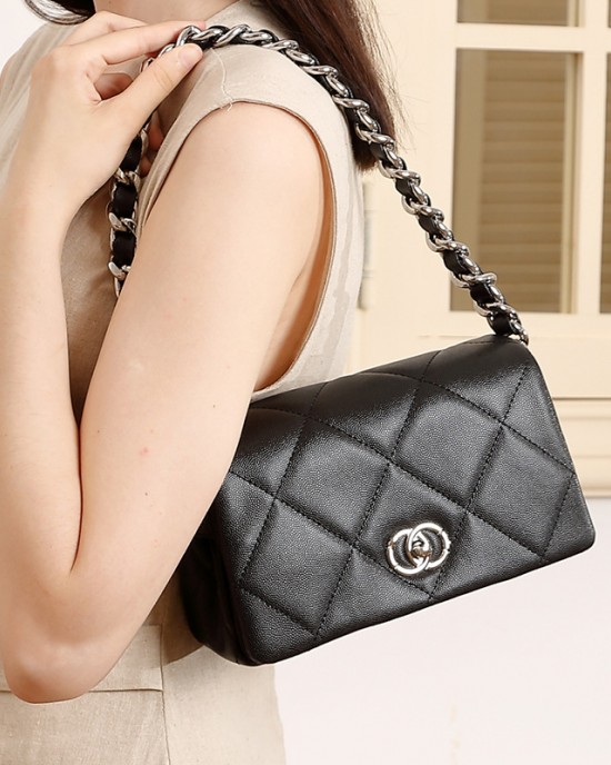 2025 summer new genuine leather women's bags, caviar pattern, Chanel-style diamond-patterned chain shoulder and crossbody bags, fashionable and versatile
