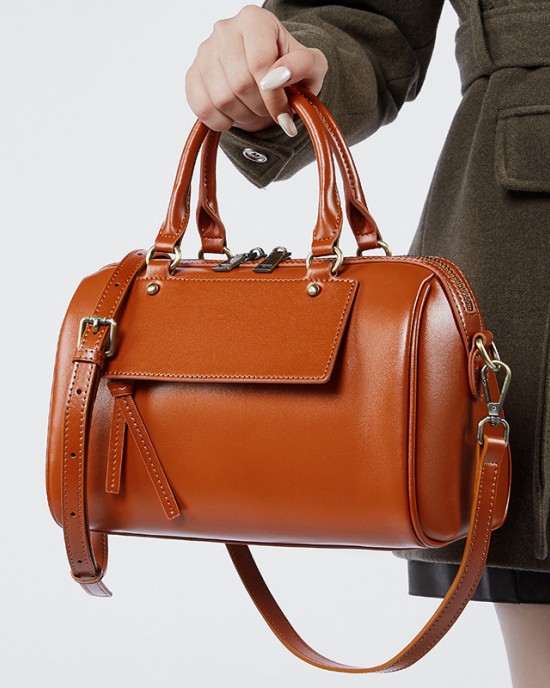 New Winter Genuine Leather Boston Pillow Bag, Fashionable and Casual Handbag, Cowhide Shoulder Bag for Women