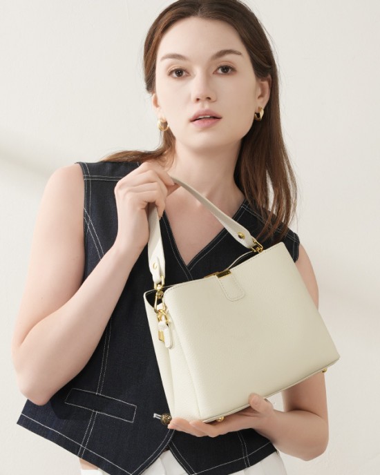 2025 new top-grain cowhide bag, trendy large-capacity bucket bag, simple and versatile genuine leather shoulder and crossbody handbag