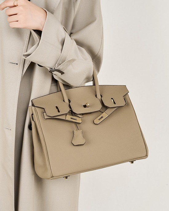 Large Litchi-Pattern Birkin Bag, Genuine Top-Grain Cowhide Handbag, Large-Capacity Kelly Bag, 2025 New Trend