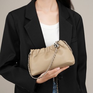 2025 popular chain underarm bag for women, luxurious cloud-shaped pleated cowhide shoulder and crossbody bag with gold ball chain